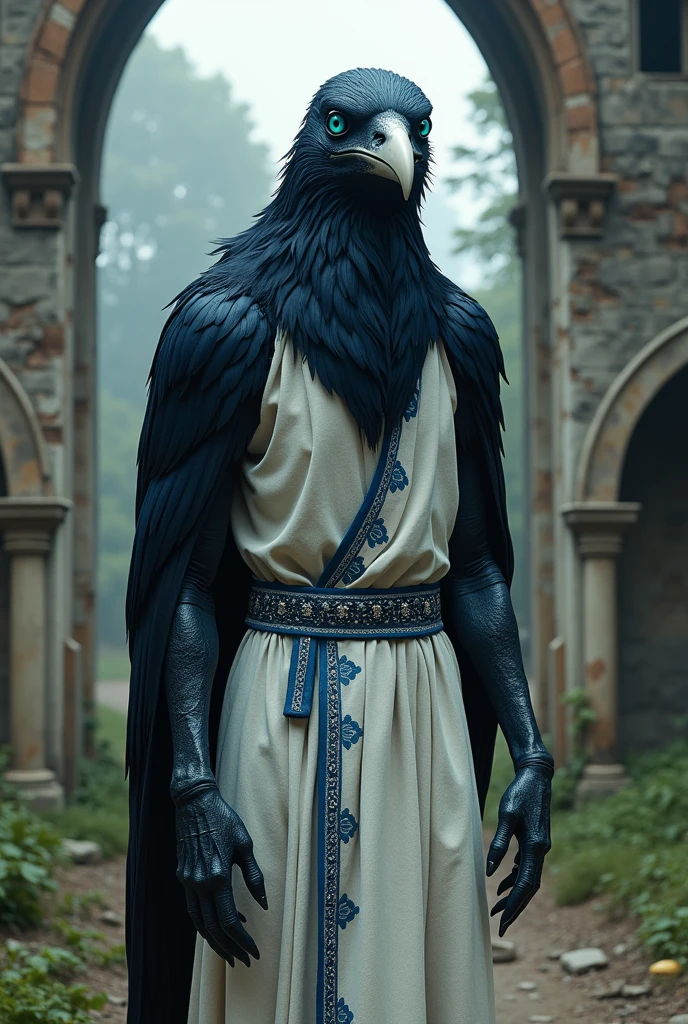 humanoid crow with black feathers and dark blue tips, deep blue eyes, whitish beak, having only the left wing in the same color scheme as its feathers, wearing a kind of long white tunic with blue details, sleeveless and hoodless, long claws on his hands and a curious look, husband as a prisoner in a ruined medieval facility