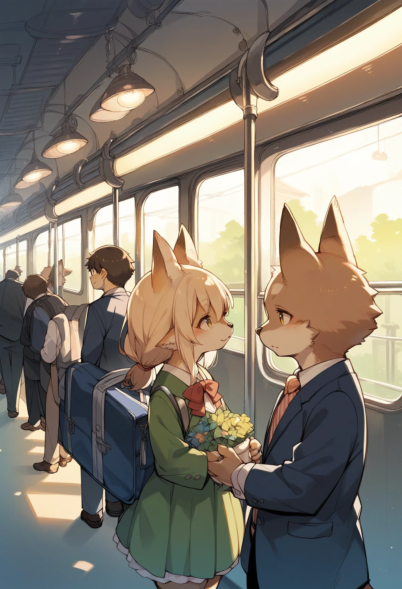 rating_safe, score_9, score_8_up, score_7_up, score_6_up, score_5_up, score_4_up, hires, source_furry(kemono, boy, girl)station, train, salary, suits, evening, perfect anatomy, good lighting,