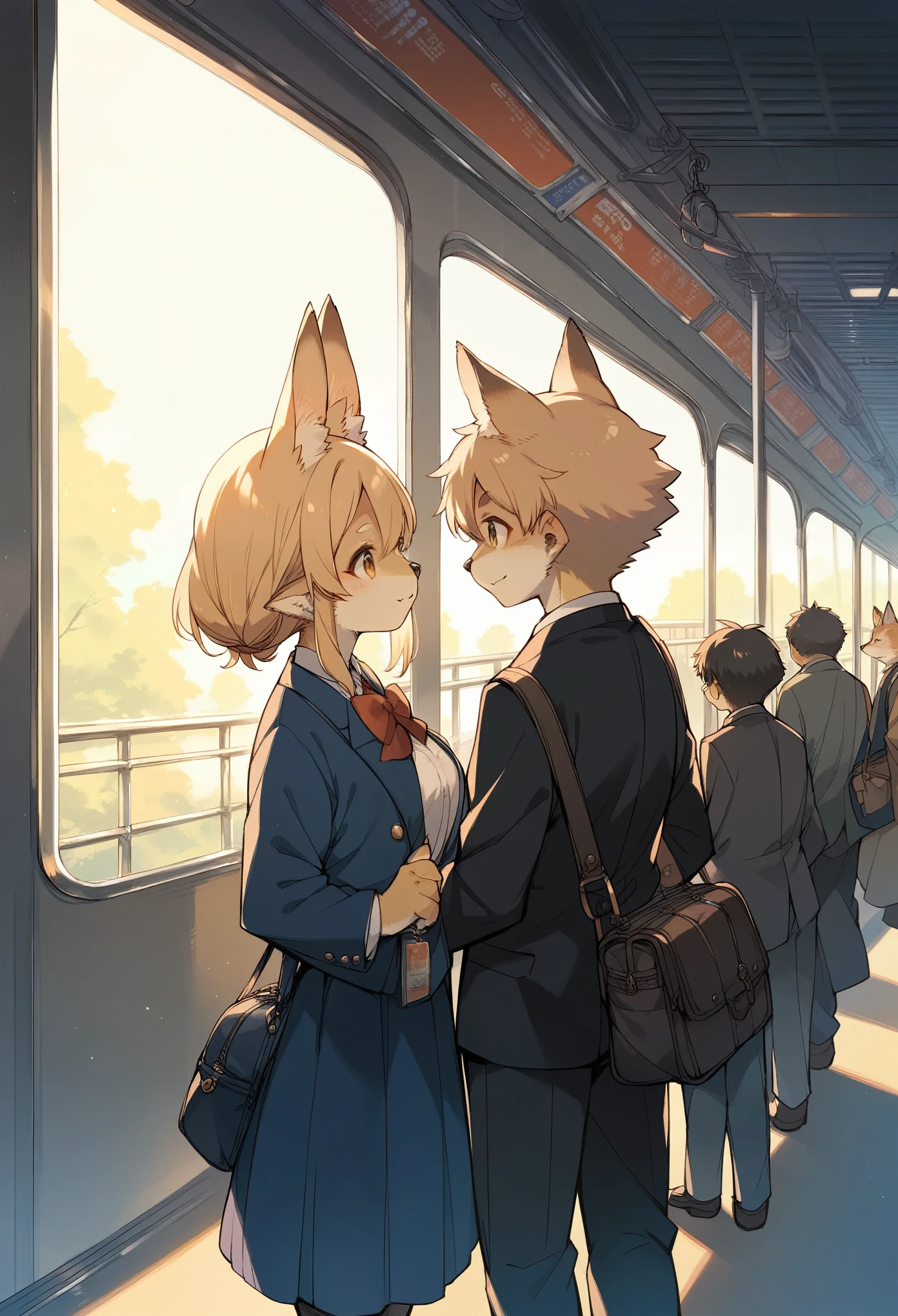 rating_safe, score_9, score_8_up, score_7_up, score_6_up, score_5_up, score_4_up, hires, source_furry(kemono, boy, girl)station, train, salary, suits, evening, perfect anatomy, good lighting,