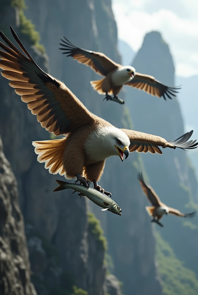 4 eaglets flying back to a cliff with fish in their mouths