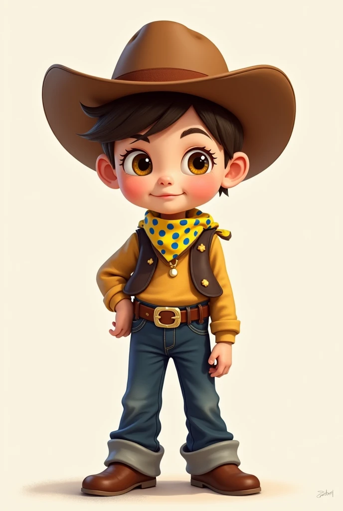 Clover is a human child of fair complexion and short brown hair. Official art portrays Clover with yellow irises.
Clover wears a brown long-sleeved t-shirt beneath a dark brown vest and dark blue pants, presumably denim, girded by a dark reddish-brown belt with a gold buckle. They wear a pair of brown shoes and a light brown cowboy hat with a dark brown hatband. Around their neck, Clover sports a yellow bandana with a blue dot pattern (though some official art depicts it as a checkered blue and yellow bandana
