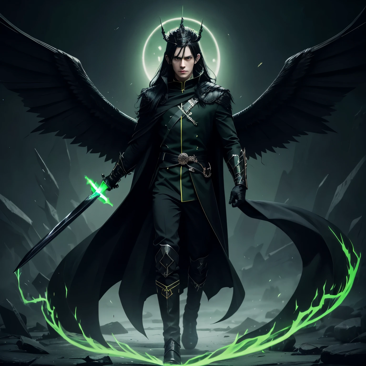 masterpiece, best quality, ultra high res, beatiful, stunning, elegant, incredible details, detailed, aura, flying feathers, (bright green theme:1.1), perfect drawn face, glowing green eyes, cinematic lighting, ultra-high quality, 8k, full body, man, long flowing black hair, handsome and delicate face, pale white skin, Black overcoat, (no shirt, abs:1.1) green details, black pants, looking at viewer, posing, holding sword, dnd, cifer ulquiorra, armed with a glowing green two handed sword, Black gloves, black high boots, (big angelical black wings:1.2), (black crown with horns:1.2), Simple background, solo, grin, evil looking, dark souls, menacing, (anime style:1.5), floating hair