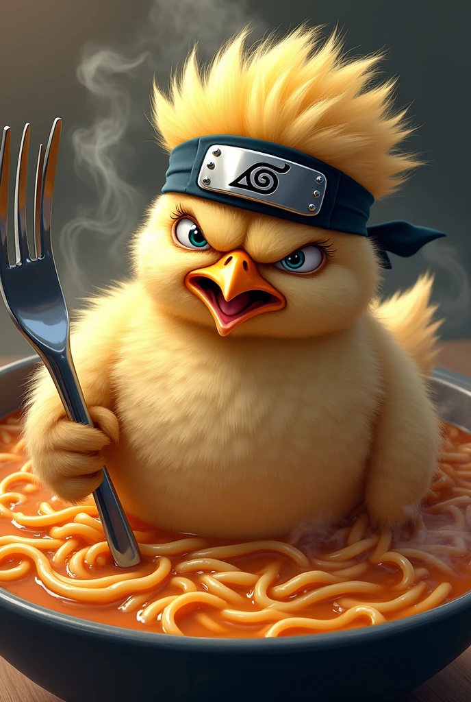 Very angry chick, Soaking in ramen,　He has Naruto on his head, holding a fork in your hand, 