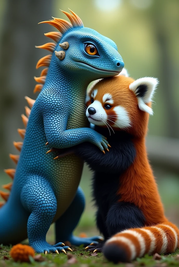 Blue male lizard and female red panda support each other