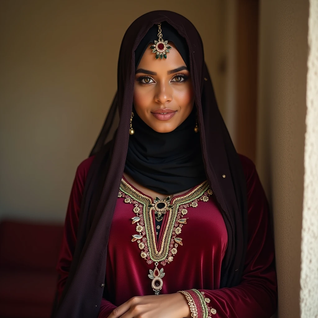 Hot sexy beautiful Busty Big boobies Traditional Bangladeshi begali Hijabi Muslim Milf covering her head with seducing lusty looks, revealing dress.