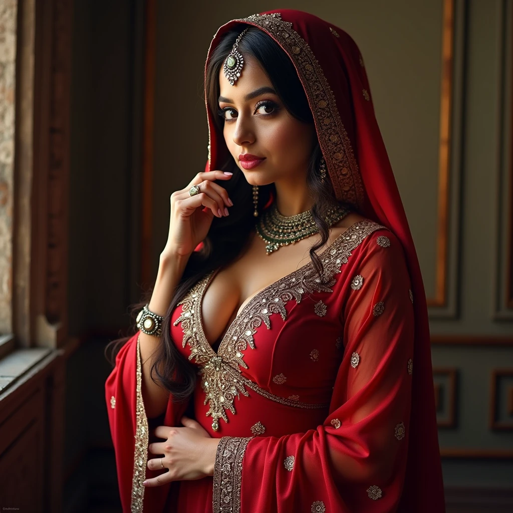 Hot sexy beautiful Busty Big boobies Traditional Bangladeshi begali Hijabi Muslim Milf covering her head with seducing lusty looks, revealing dress.