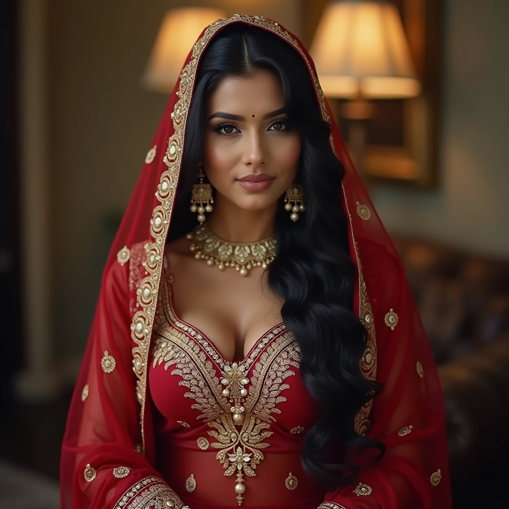 Hot sexy beautiful Busty Big boobies Traditional Bangladeshi begali Hijabi Muslim Milf covering her head with seducing lusty looks, revealing dress.