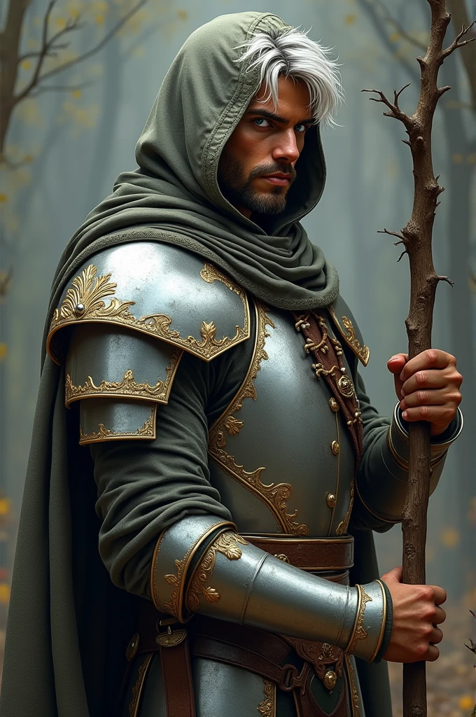 Young gentleman with a vagabond appearance, with large and wide armor, silver with gold flourishes, covered with a layer, head covered with hood, short beard, brown skin, medium short silver hair, eyes with luminous white iris, It rests on a stick that looks like a branch