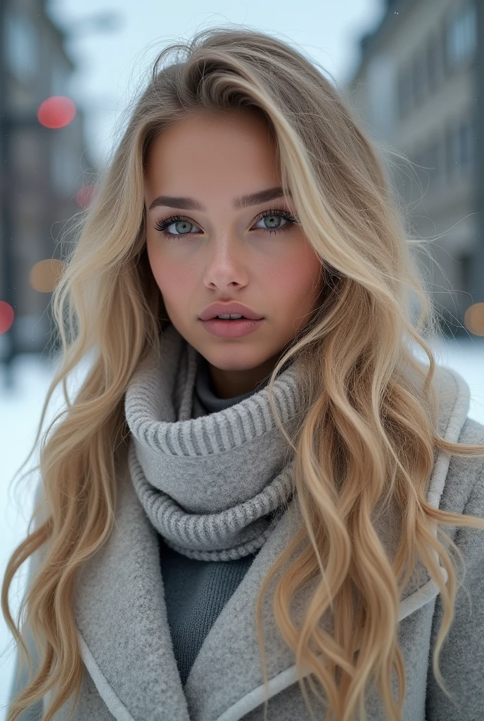 proFessional portrait photograph oF a gorgeous Norwegian girl in winter clothing with long wavy blonde hair, sultry Flirty look, gorgeous symmetrical Face, Cute makeup with snowy eyes)), Stunning modern city environment, ultra realistic, concept art, elegant, Highly detailed, complicated, sharp Focus, depth oF Field, F/1. 8, 85mm, Medium shot, Medium shot, (((proFessionally color graded))), bright soFt diFFused light, (volumetric Fog), Trending on Instagram, hdr4k, 8ก