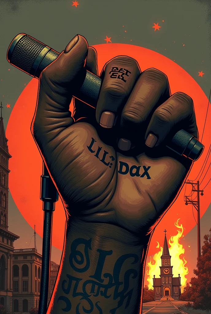 Do a hip-hop song cover art titled "INDUSTRY ADDRESS."  On it there should be a muscular African hand tatted with a clearly written tattoo "LiB Dax EST 1996," holding a microphone. At the end of the microphone rope there should be a burning church.