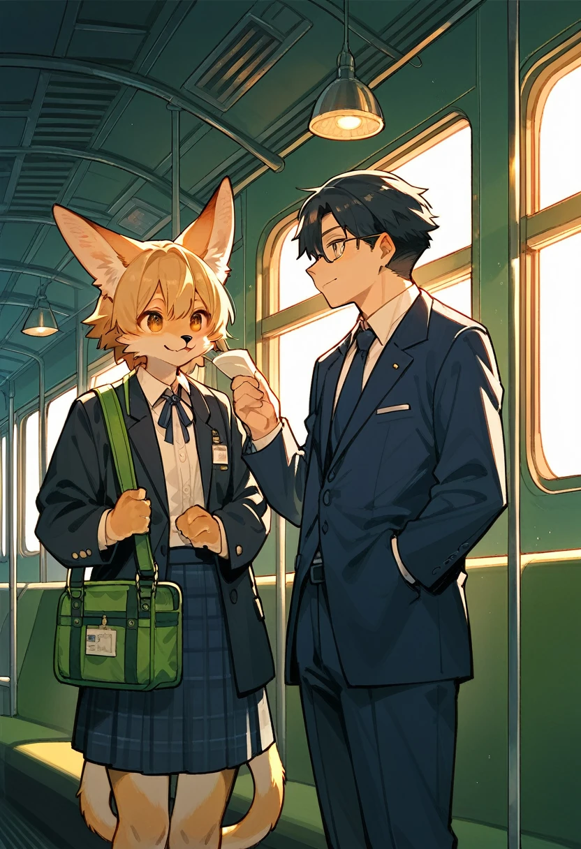 rating_safe, score_9, score_8_up, score_7_up, score_6_up, score_5_up, score_4_up, hires, source_furry(kemono, boy, girl)station, train, salary, suits, evening, perfect anatomy, good lighting,