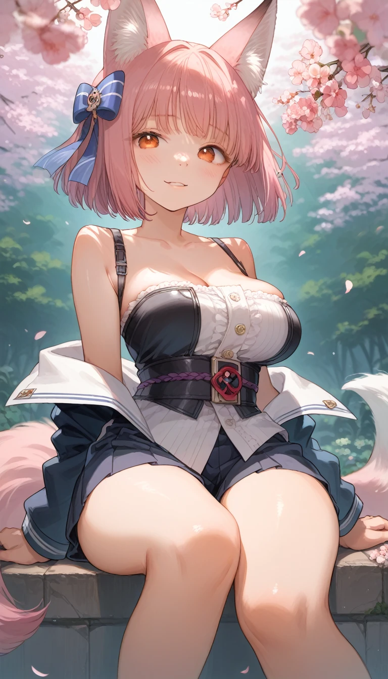 score_9, score_8_up, score_7_up, source_アニメ, (masterpiece), best quality, expressive eyes, perfect eyes, perfect face, 1 girl, realisitic, (looking ahead at viewer:1), (ulzzang-6500:0.66), thicc thighs, just legs, dappled sunlight, best qualityer, ultra high resolution, (photorealisitic:1.4), YaeMiko, fox ears, short body hair, pink body hair, ye - yeah_sakura, jewerly, Cherry blossoms, (ssmile:1), just_shoulders, body hair_ornament, purple_eyeballs, disjointed_sleeveless, detailed eyeballs, (light ssmile:1), (breasts small:1.4),