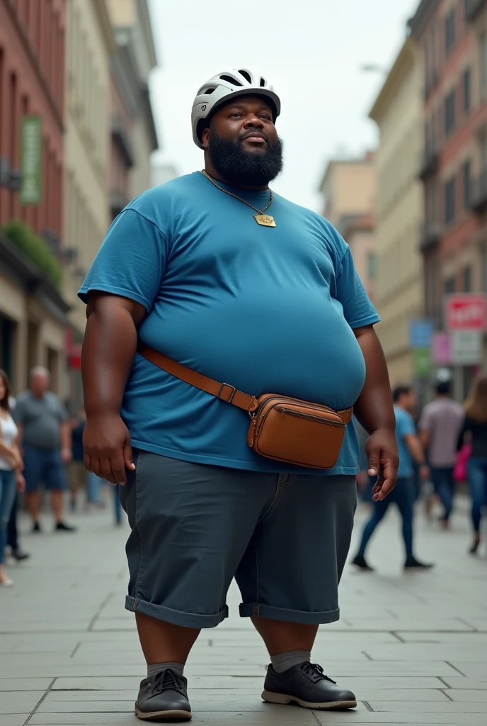 Black man on sidewalk and blue t-shirt, with a fanny pack and a white helmet, fat with big ass