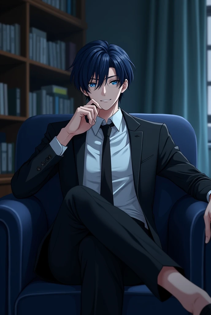 Create the following anime style image: There is a white-skinned man, blue-black hair and combed and navy blue eyes, He is wearing a white shirt, a black pants, a black tie and a black jacket, He is sitting on a dark blue chair, He has his legs crossed and one hand on his chin as if he were thinking., The man wears a small, relaxed smile on his face.. The background is of an office that is dark. anime style