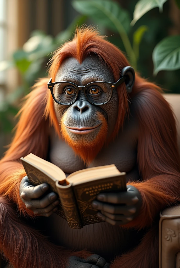 Orangutan, wearing glasses reading a book titled anatomy of monkeys