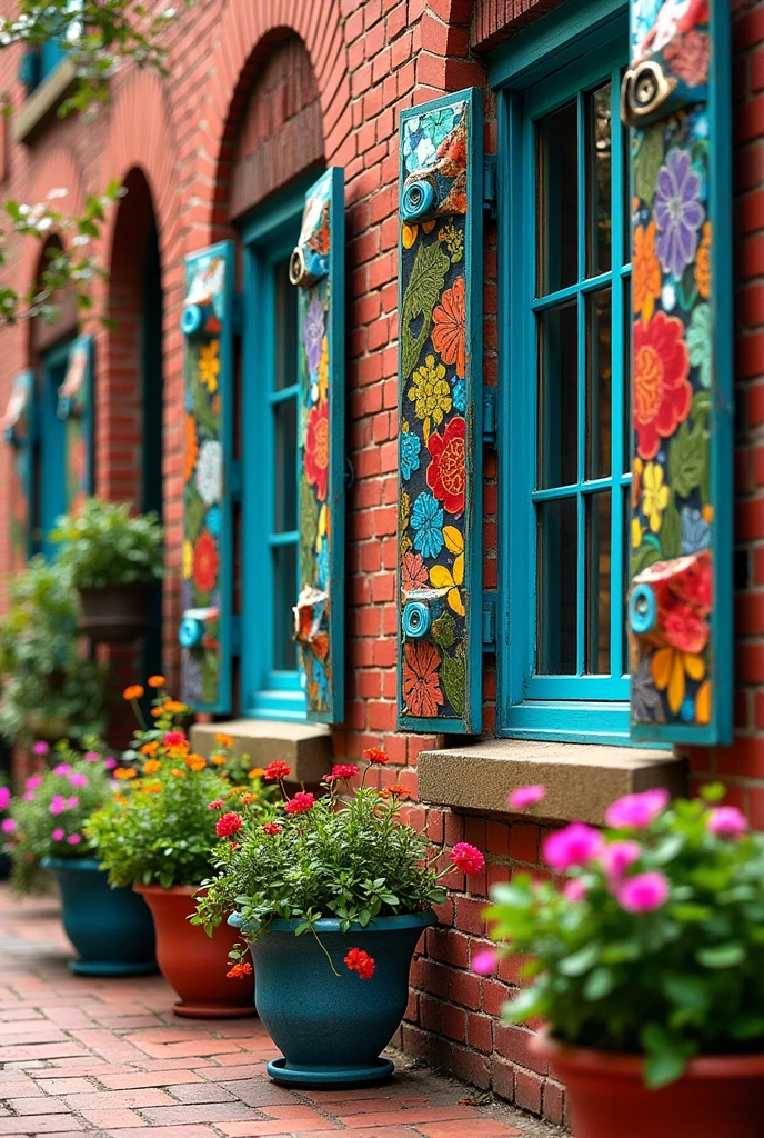 Forward image of multicoloured boho chic windows in a row on a brick fronted house with multicolour pots of flowers