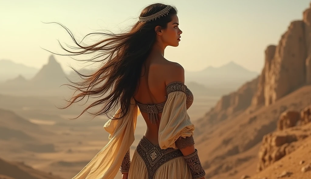 A beautiful Persian warrior woman, full hd, best quality, 1 girl, solo, , beautiful, shapely, big hips, big breasts, innocent, Pure, delicate, Proportional body, perfect body figure, cold face, long hair flying in the wind , Photos with depth, wind, (masterpiece), full hd, best quality, from the back, observing the landscape, perfect face, 1 girl, solo, Portrait of an ancient Persian warrior.
