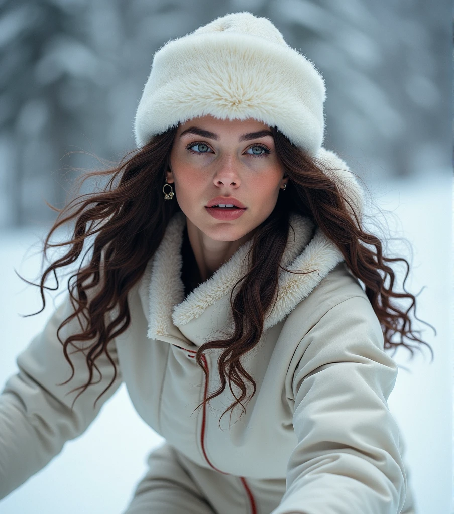 a woman, pale skin, long dark brown wavy hair, hair texture type 2 c, (long hair:1.9), big breasts, solid fluffy white russin hat, cold, full body, snow , girl doing snowboard, highly detailed, high quality, 4k, 8k, masterpiece, ultra detailed, vivid colors, HDR , lighting studio, sharp focus, physical representation, professional portrait, close up photo