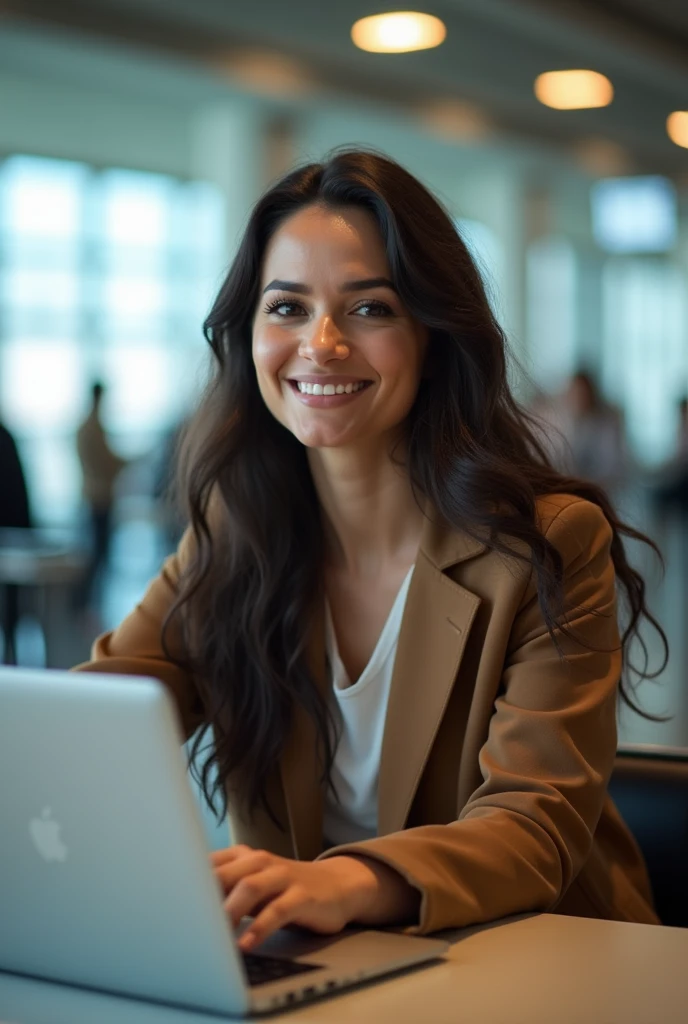 Beautiful Colombian woman full body photo sitting checking laptop in an airport while smiling 
 