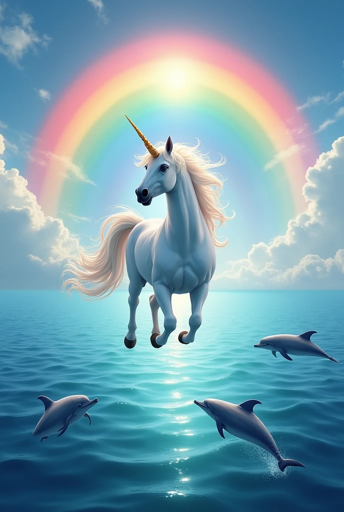generate me a unicorn flying over the sea with dolphins and a rainbow background