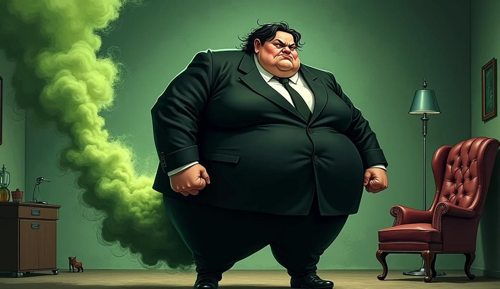 morbidly obese female mob boss in a black suit, farting, olive green gas coming out of her backside, comic artstyle