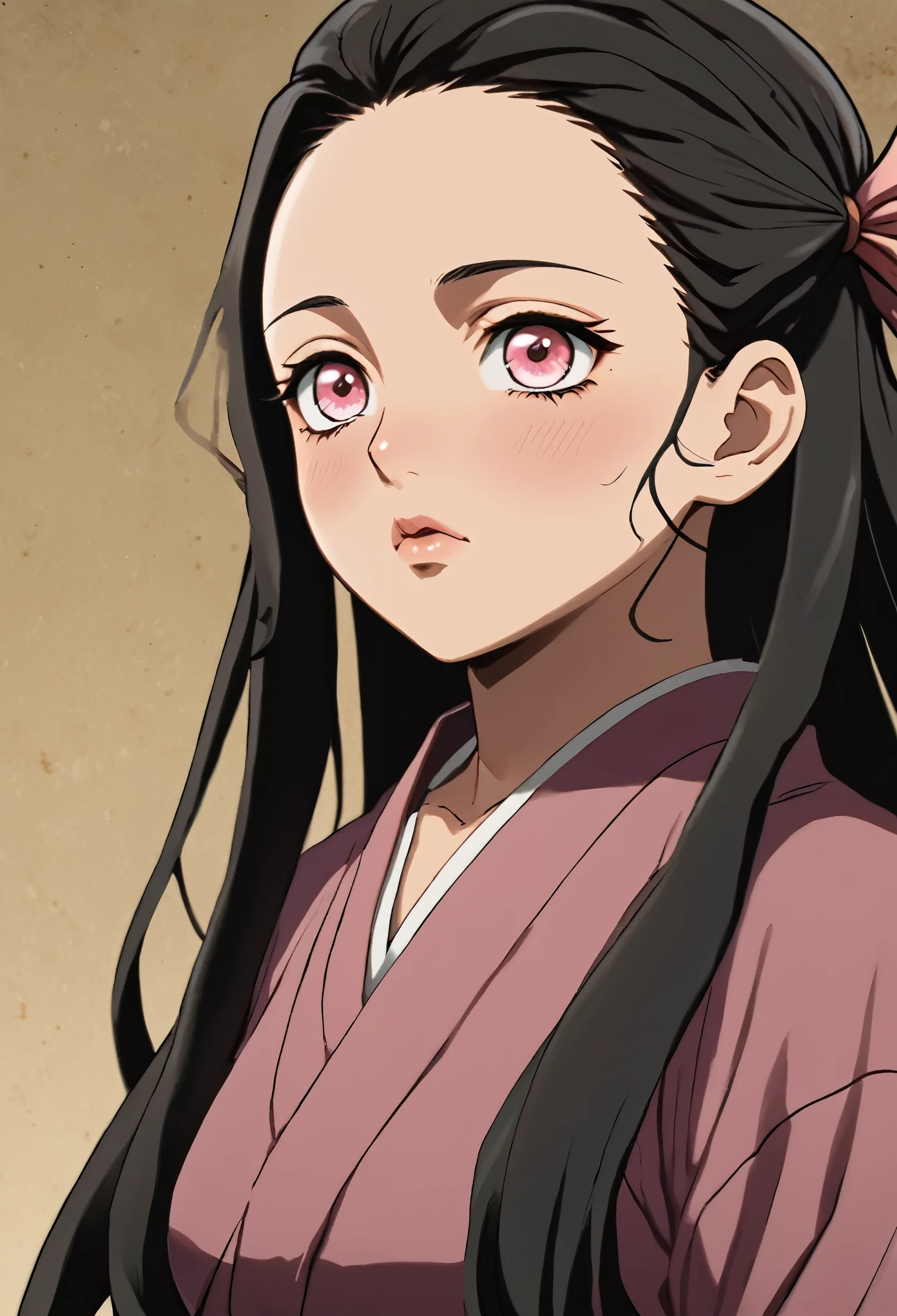 1 girl standing together black hair,, anime style, , 8k, super detail, high details, accurate, masterpiece, UHD, best quality, award winning, 4K looking at viewer emotionless expressionless mindless cowboy shot side view bandana on forehead looking at viewer, Nezuko from demon slayer. a young woman with long dark hair, (pink eyes), beautiful detailed eyes, beautiful detailed lips, extremely detailed face, longeyelashes, 
