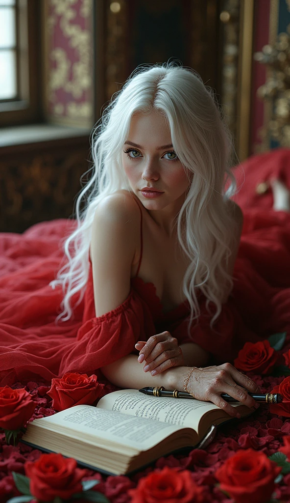 A photorealistic image of a unique fairy with white hair and black eyes, lying on a bed of roses in a castle. She wears a red dress and a pair of gloves. She is reading and writing with a book and a pen. She is holding a key that unlocks secrets. She is the fairy of the mystery.