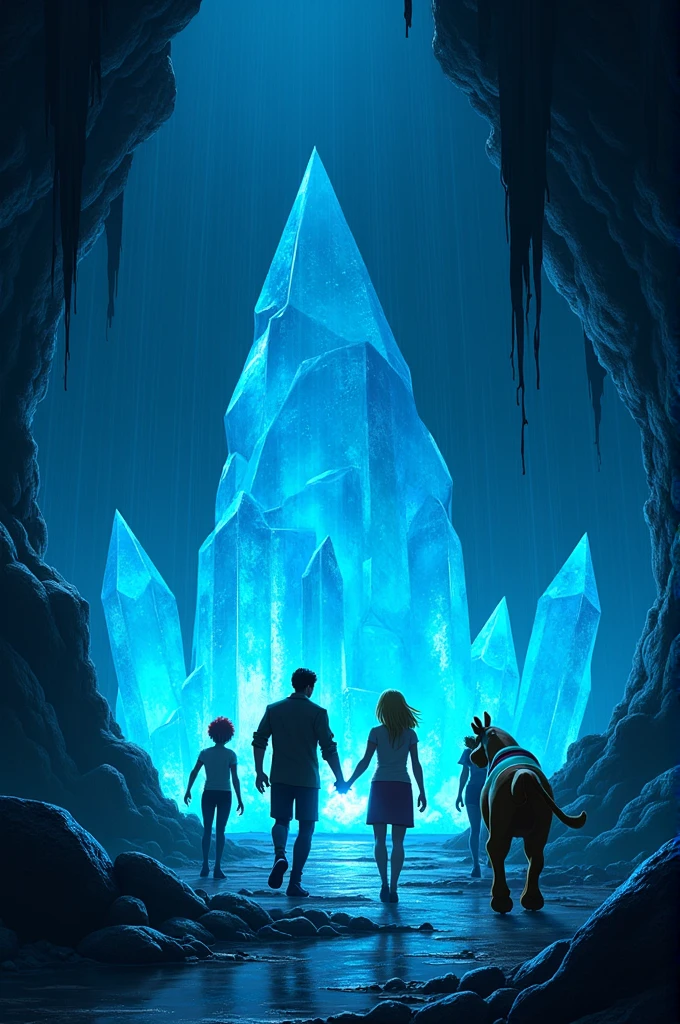 Inside a cavern with walls lined with large, glowing blue crystals casting an eerie light. The air is damp and cold, with water dripping from the ceiling. The gang cautiously walks deeper into the cavern, illuminated by the crystal glow. Velma examines a crystal closely, Fred shines a flashlight ahead, and Shaggy and Scooby lag behind, clearly scared