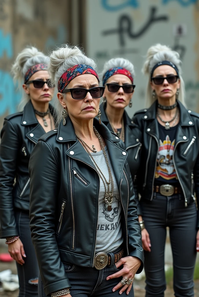 Four russian old milf women, one in the foreground . All: worried face. All grey hair (bouffant, top bun or ponytails), wearing oversized square sunglasses and wide colourful bandana as headbands), with very light green eyes, extremely pale. Big lips. No tan. Wearing aged black moto jackets (zippers on the side). Different old light grey or black t-shirts with skull and boles or rock band logos. All: dark grey or dark blue skinny low rise jeans with holes on knees ( patched with colourful fabric). Some black leather studded biker boots, some white tennis sneakers, some black Chelsea boots with heels . Lots of thick wide studded bracelets, chain collars and big rings. Tacky wide studded leather belts with big skull and bones oval buckle. Long earrings with chains and feathers. Stretching their necks, craving., Neck, chest, stomach and wrists tattoed. Toned abdominals, thin neck, slim legs and thin arms. Narrow hips and slim legs. Black leather studded tote bags. Graffitied wall behind, waste on the groun and piled garbage bags around.