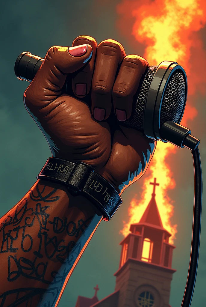 Do a hip-hop song cover art led "INDUSTRY ADDRESS." On it there should be a muscular African hand tatted with a clearly written tattoo "LiB Dax EST 1996," holding a microphone. At the end of the microphone rope there should be a burning church.