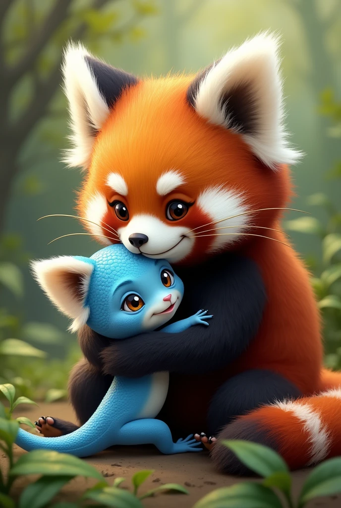 Blue Lizard get hugged by female red panda cute