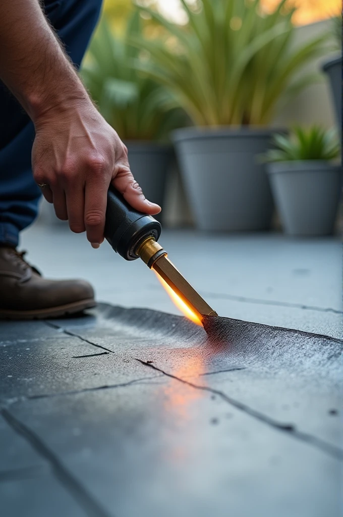 Create an Instagram post image showing a person using a torch to waterproof a terrace with a membrane. The image should focus on the person in action, highlighting the torch and the process of applying the membrane to the terrace surface. Ensure the scene captures the texture of the membrane and the technique of application, with attention to safety equipment and the professional quality of the work. The overall look should be dynamic, informative, and visually appealing for social media