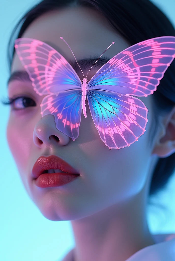 Colorful butterfly makeup , only with makeup , with futuristic design , only with makeup , lila, and pastel colors , only with makeup realiza el diseño , for dark white skin