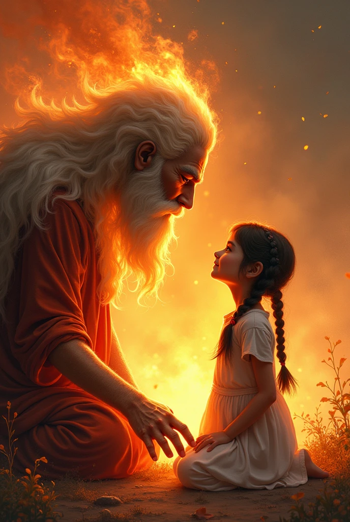 The young Iranian girl and the kind god of fire kneeling in front of the girl and looking at each other