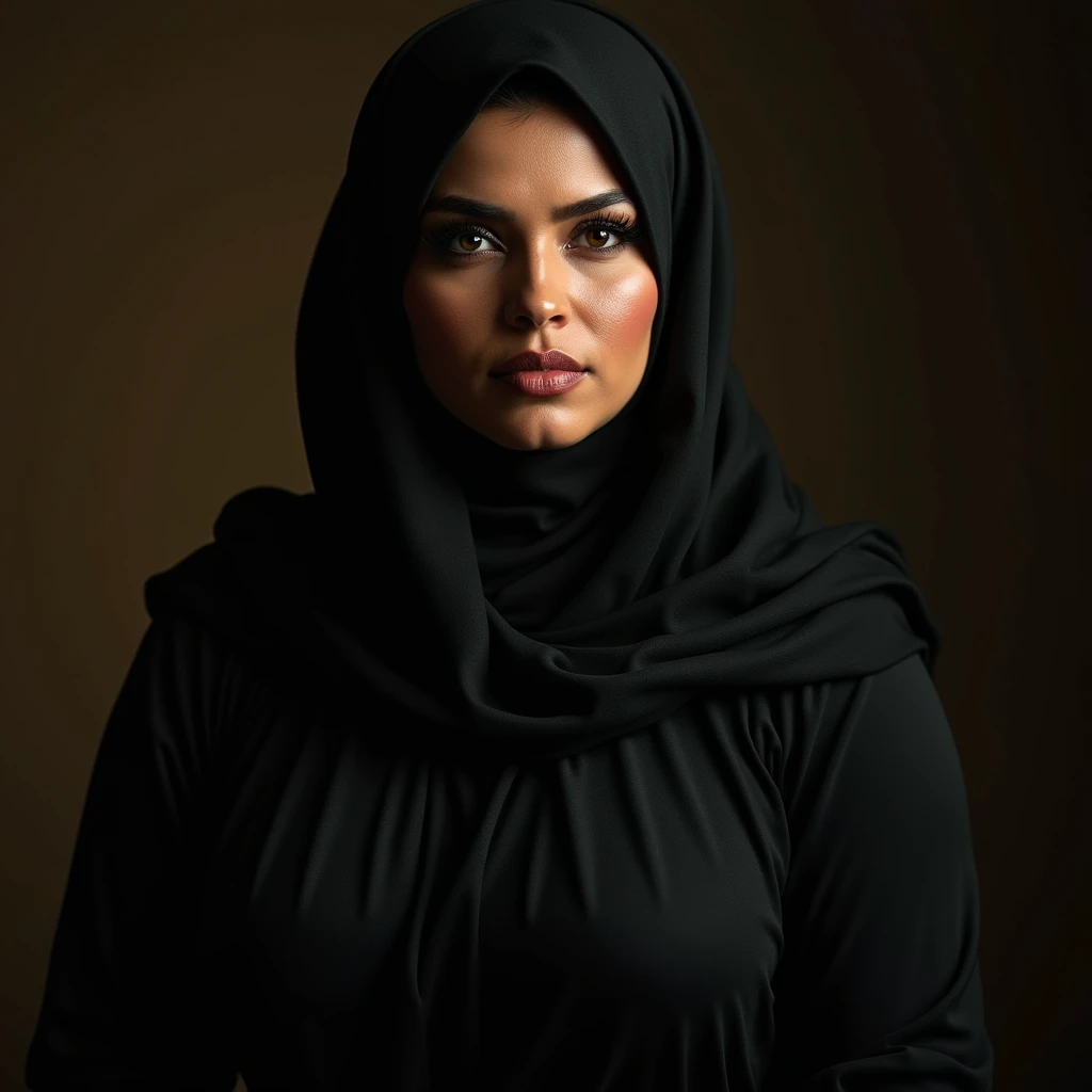 a busty bangladeshi hijabi muslim milf with seducing lusty looks, beautiful detailed eyes, beautiful detailed lips, extremely detailed face, long eyelashes, revealing dress, high quality, photorealistic, portrait, chiaroscuro lighting, dramatic colors, dramatic lighting, glowing skin, masterpiece