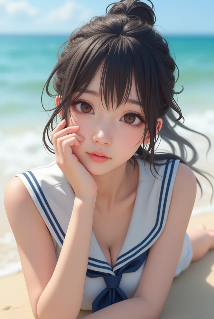 Highest quality、High resolution、Detailed Background、Realistic、RAW Photos、(Beautiful face in every detail:1.4)、Anatomically correct、(Normal number of fingers:1.2)、(Highly detailed face:1.4)、(Detailed eyes)、Japan beautiful teenage girls、Perfect body line、(Huge breasts:1.2)、ponytail、Braided bob cut、Braided long hair、Wavy Hairstyle、well-groomed eyebrows、cute仕草、Jokingly、Sleeveless white sailor suit、White sailor collar、Pleated andy beach in clear weather、barefoot、Blushing、My clothes are wet and transparent、Show your side、(Underboob:1.2)、(Panty shot:1.2)、

(Beautiful girl lying on the beach:1.5)、cute