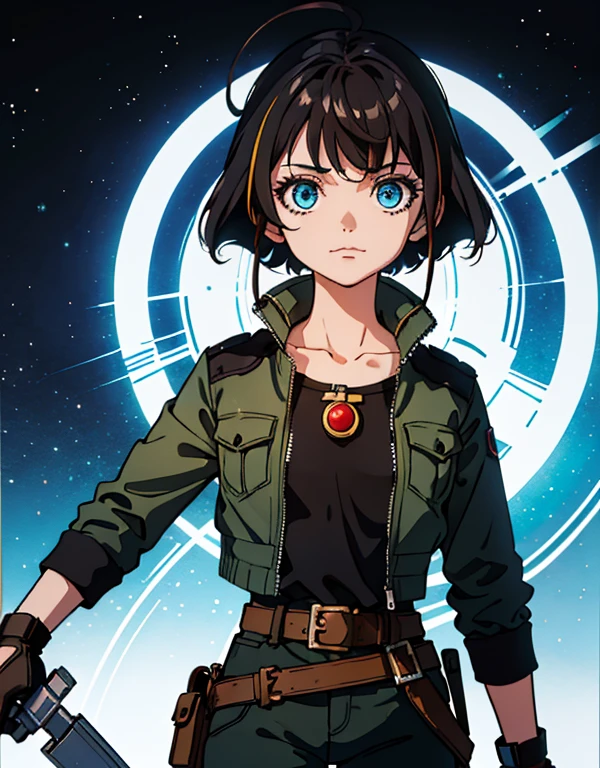 (high-quality, breathtaking),(expressive eyes, perfect face) Symmetrical Eyes, portrait, Star Wars Universe, 1girl, female, adult, mechanic, punk jacket, shirt, short sleeved, gloves, pants, belt, wrench, crystals, messy hair, black hair color, brown eye color, short hair length, stylized hairstyle, pixie haircut, tall, technician outfit, engineer, sci fi workshop background, work bench, tools, mature, narrow eyes, dog tag necklaces, soft smile, soft eyelashes, age 28
