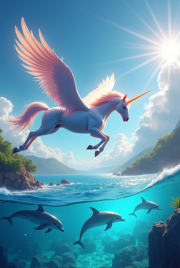 generate a unicorn flying over the sea with dolphins and a very colorful landscape