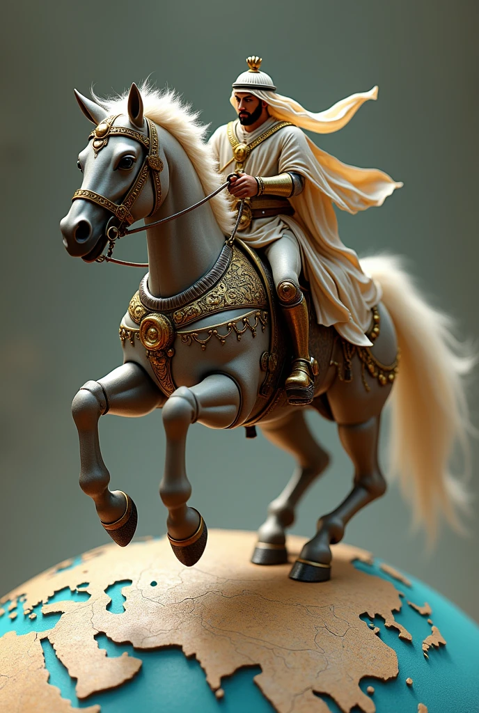 Very very small arabian sheikh on a skyscraper sized large large horse with feudal japan mechanical armor, galloping across a tiny globe