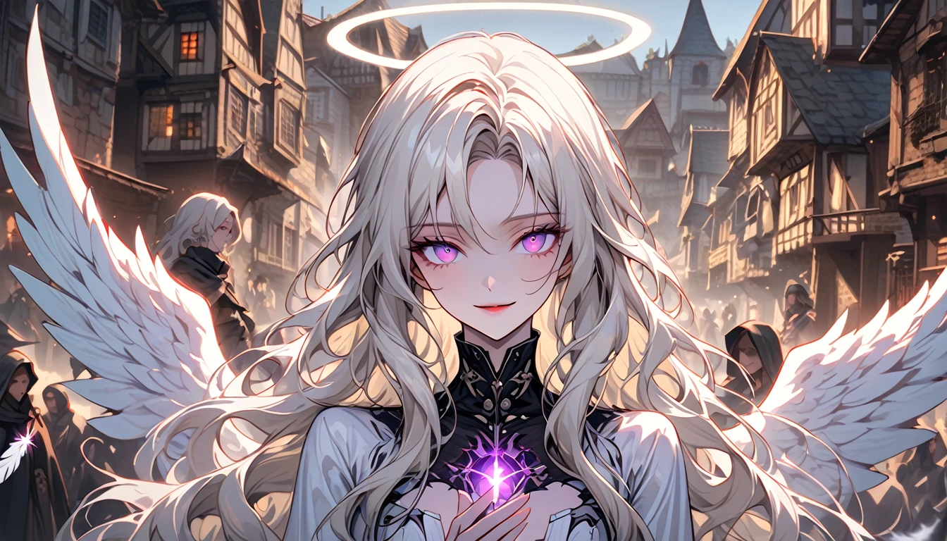 female, close up, ethereal beauty, haunting mystery, celestial being known as a seraph, long hair, platinum blonde hair, wavy hair, shimmering hair, glowing hair, vibrant violet eyes, fair skin, almost translucent skin, elegant, graceful, slender build, commands respect and attention, large feathered wings, delicate wings, iridescent feathers, gentle smile, medieval, divining magic, white glowing halo, fallen angel, wide smile, crowd, putting on a show for children while their parents watch, town, village, day