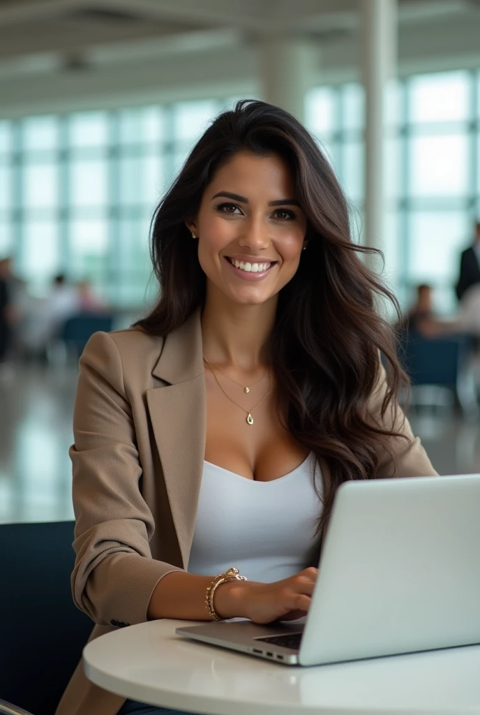 Beautiful Colombian woman full body photo sitting checking laptop in an airport while smiling