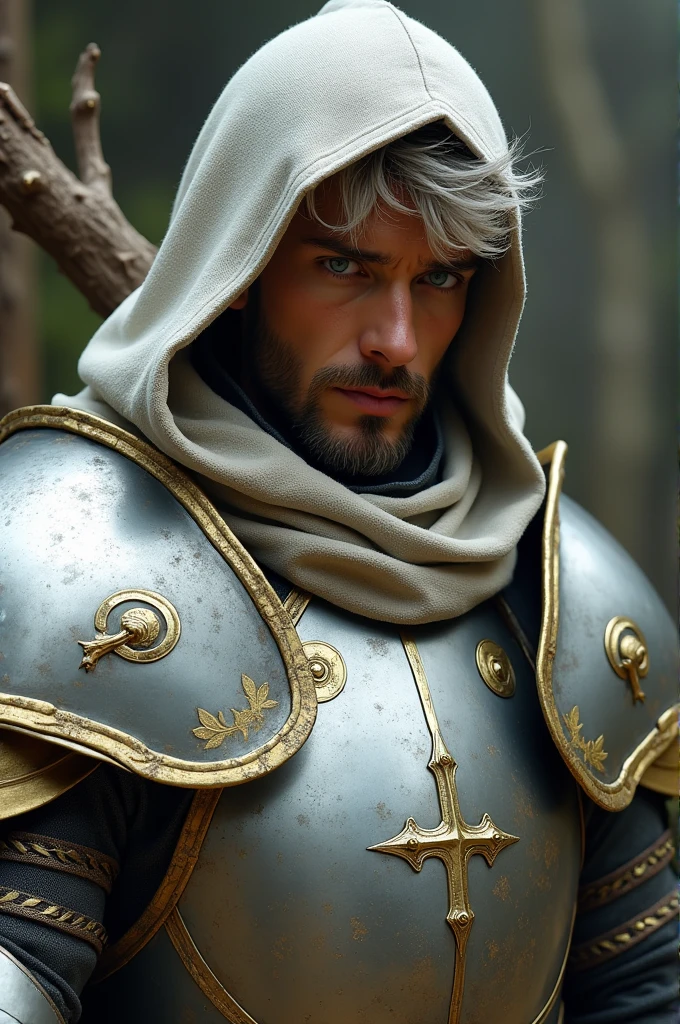 Not very attractive young gentleman, with large and wide armor, silver with gold flourishes, covered with a layer, head covered with hood, short beard, brown skin, medium short silver hair, white eyes with light, It rests on a stick that looks like a branch