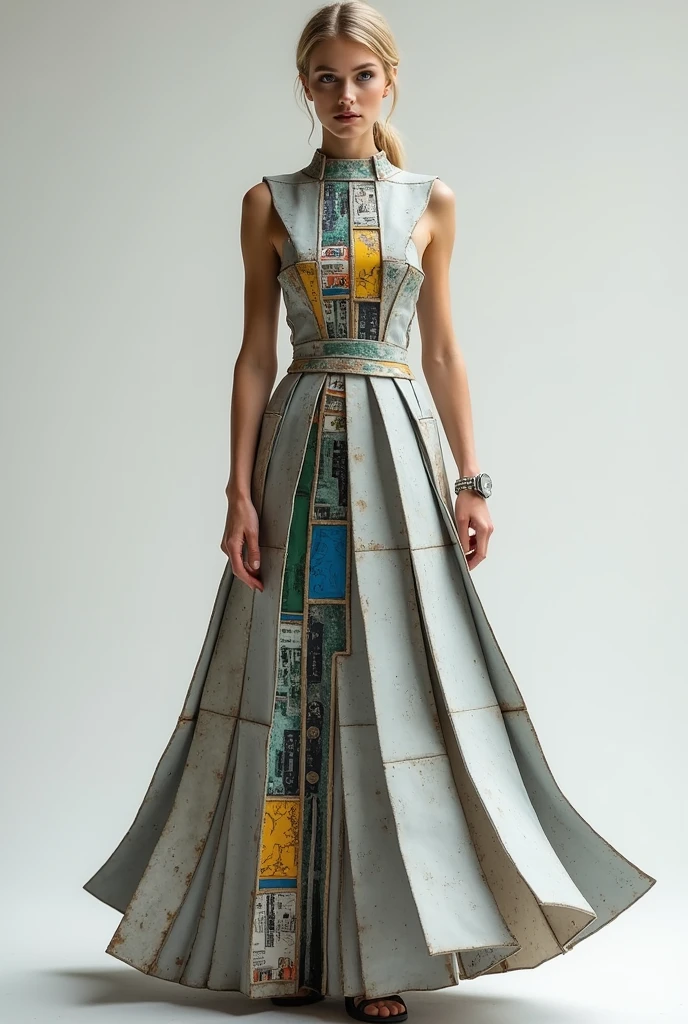 Fancy dress made from recyclable materials for women that represents the career of civil engineer
