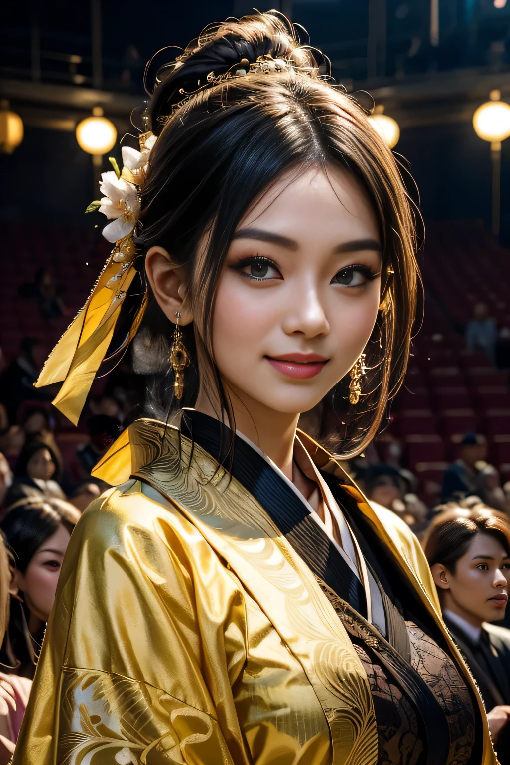 sfw, Beautiful Asian woman with a flirtatious smile, Super busty Ronin wearing a gold lace kimono, Meiji Restoration, blue eyes, focused on the audience, Jimbo's, cleavage, Drop your shoulders, hd, Uhd, WLOP, art germ, braided hairstyles, big anime eyes, realistic eyes, very detailed目, natural skin, natural skin texture, Scattered beneath the surface, calm colors, skin pores, perfect face, perfect eyes, perfect lips, supple female form, Brilliant, cinematic, film light, very detailed, surreal, masterpiece, in the atmosphere, High resolution, lively, high contrast, dark angle, 8k, hdR, 500 pixels, view from above, half body portrait, wearing bra,((skinny waist)), young asian girl, ((big breasted)),