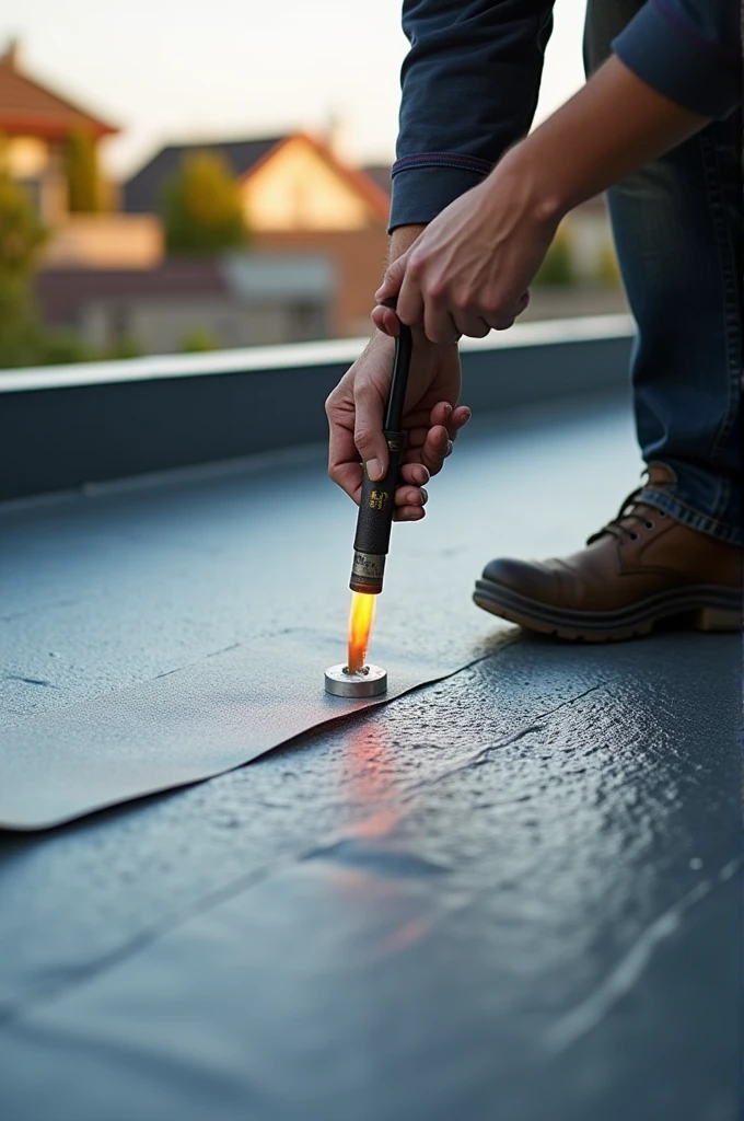Create an Instagram post image showing a person using a torch to waterproof a terrace with a membrane. The image should focus on the person in action, highlighting the torch and the process of applying the membrane to the terrace surface. Ensure the scene captures the texture of the membrane and the technique of application, with attention to safety equipment and the professional quality of the work. The overall look should be dynamic, informative, and visually appealing for social media