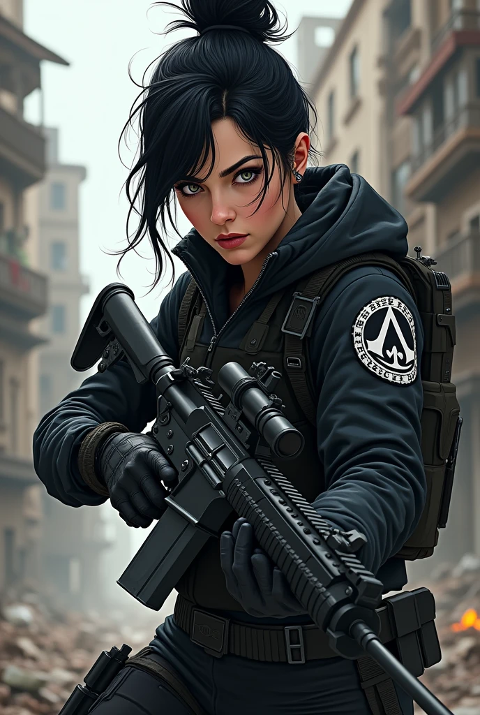 jennifer carpenter with black hair in messy bun. Grey eyes. She is dressed up in black modern warfare tactical gear. Shoulder patch with assassins creed logo. She holds assault style AR-15 rifle. Action pose. Ruined buildings in urban warzone as background. Semi realistic comics style. 
