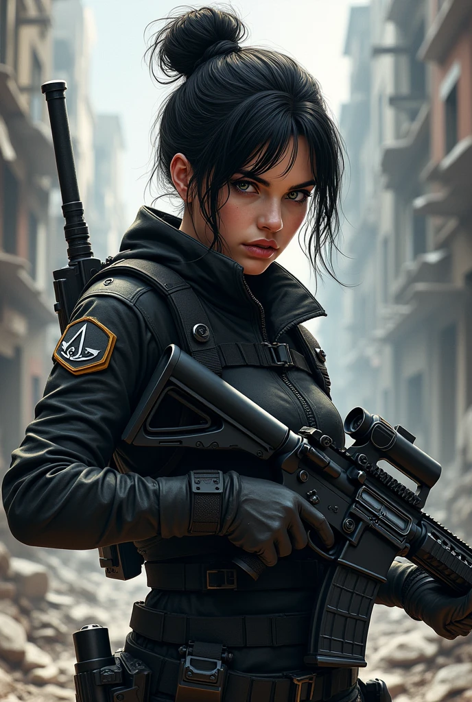 jennifer carpenter with black hair in messy bun. Grey eyes. She is dressed up in black modern warfare tactical gear. Shoulder patch with assassins creed logo. She holds assault style AR-15 rifle. Action pose. Ruined buildings in urban warzone as background. Semi realistic comics style. 