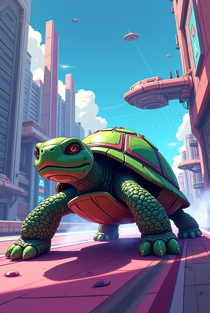 Cartoon illustration of a fast and technological turtle
