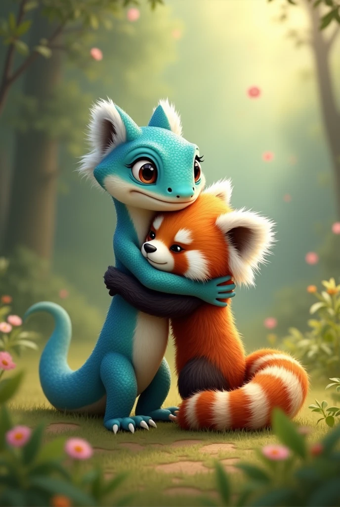 Skinny big Blue Lizard get hugged by female red panda cute