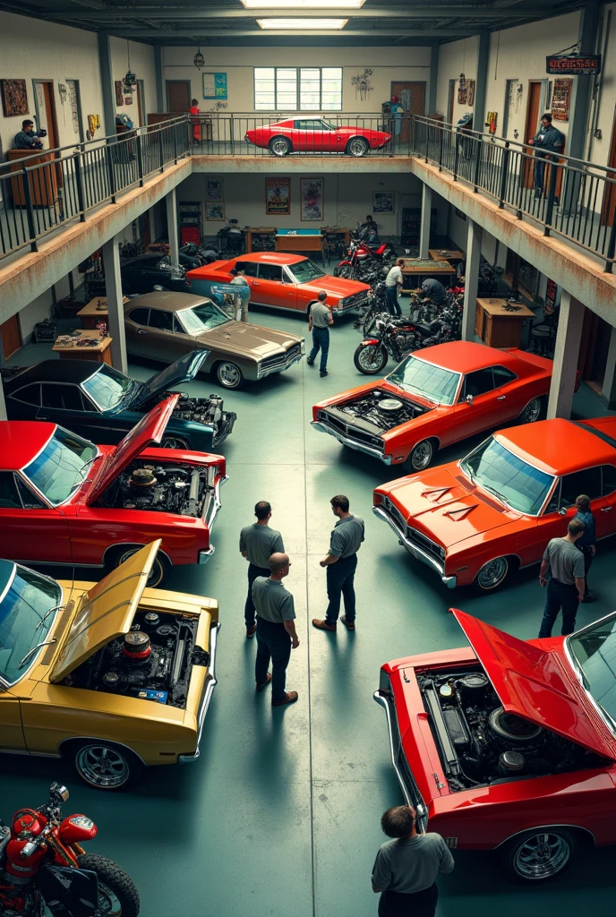 Large and spacious motorcycle and car workshop layout, On the second floor are the offices and a recreational area with a bar and a pool table., well-defined complete cars, well-defined complete motorcycles, open hoods, six male mechanics, (posters, hanging tool)
ford impala 1967 negro mate | dodge charger rt 1970 blanco | pontiac gto 1970 dark green | plymouth barracuda 1969 red | lincon continental negro
scout bobber Indian | harley davidson low riders royal enfield alter ego | triumph bonneville bobber